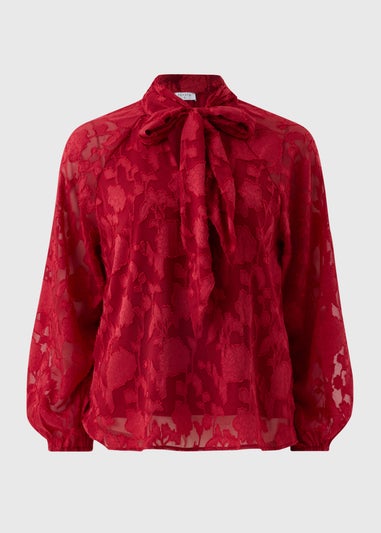 Red Jacquard Tie Neck Blouse
