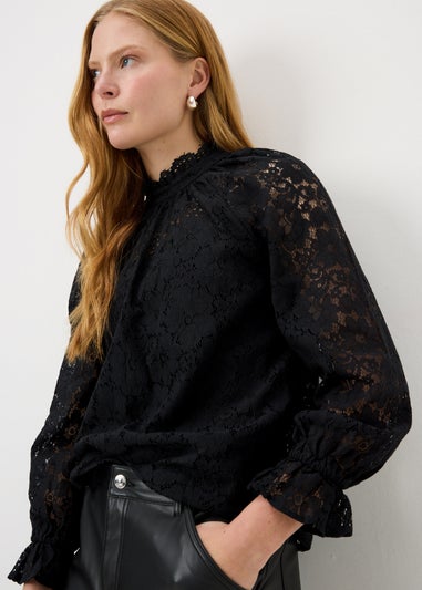 Black Jacquard Tie Neck Blouse