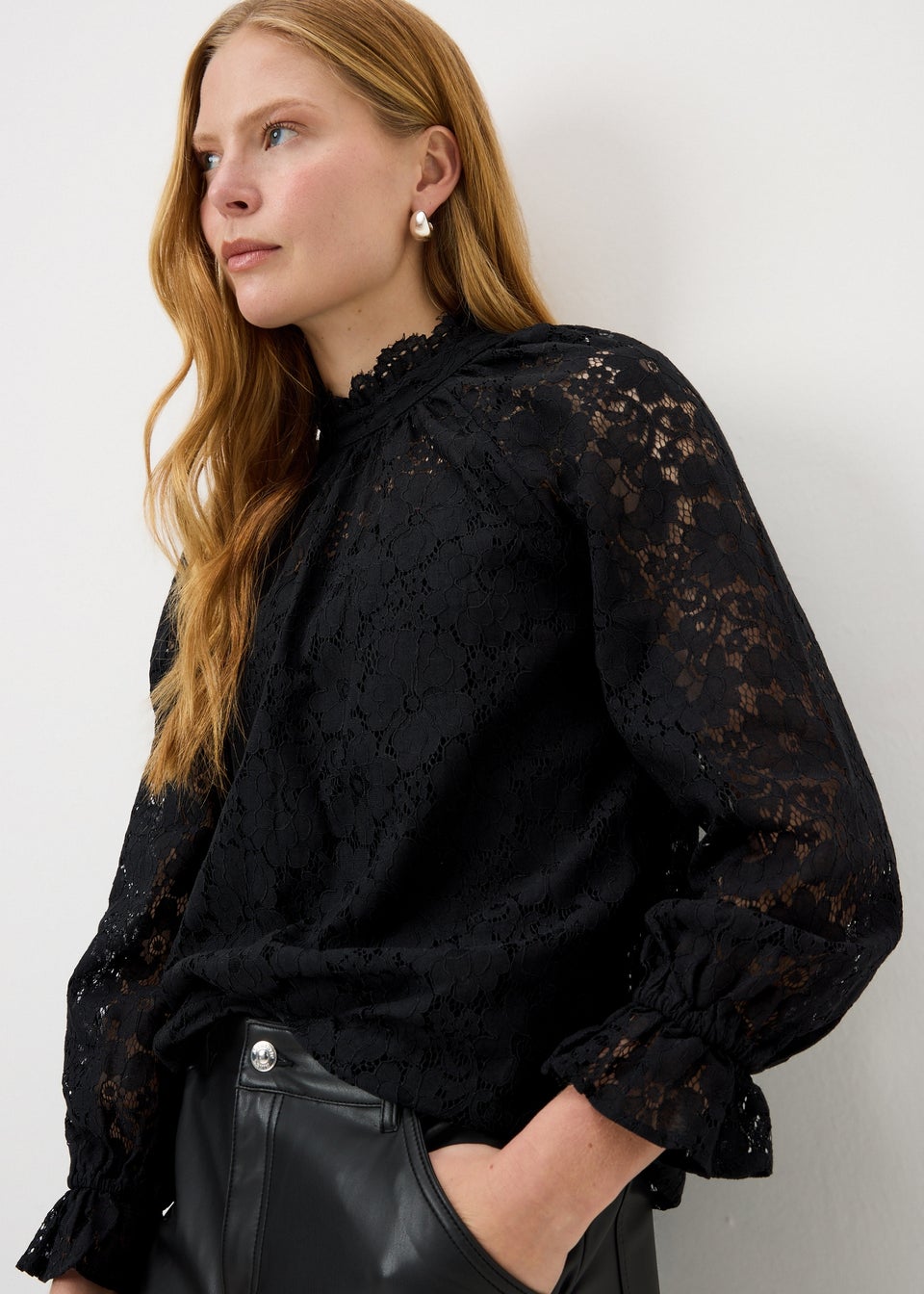 Black Jacquard Tie Neck Blouse