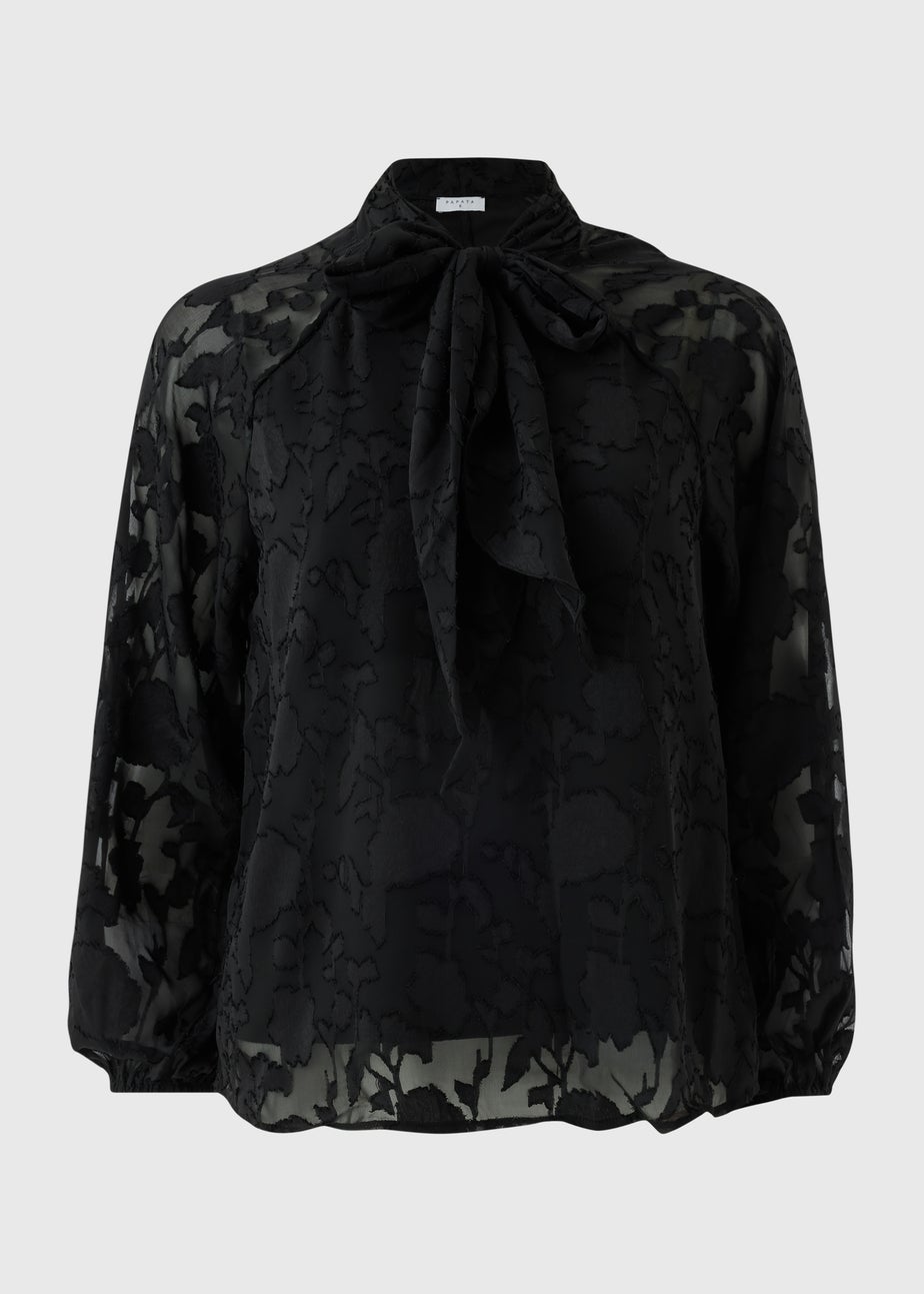 Black Jacquard Tie Neck Blouse
