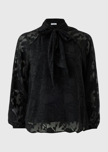 Black Jacquard Tie Neck Blouse