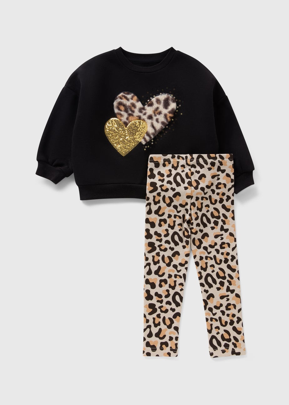 Girls Black Leopard Sweatshirt & Legging Set (1-7yrs)