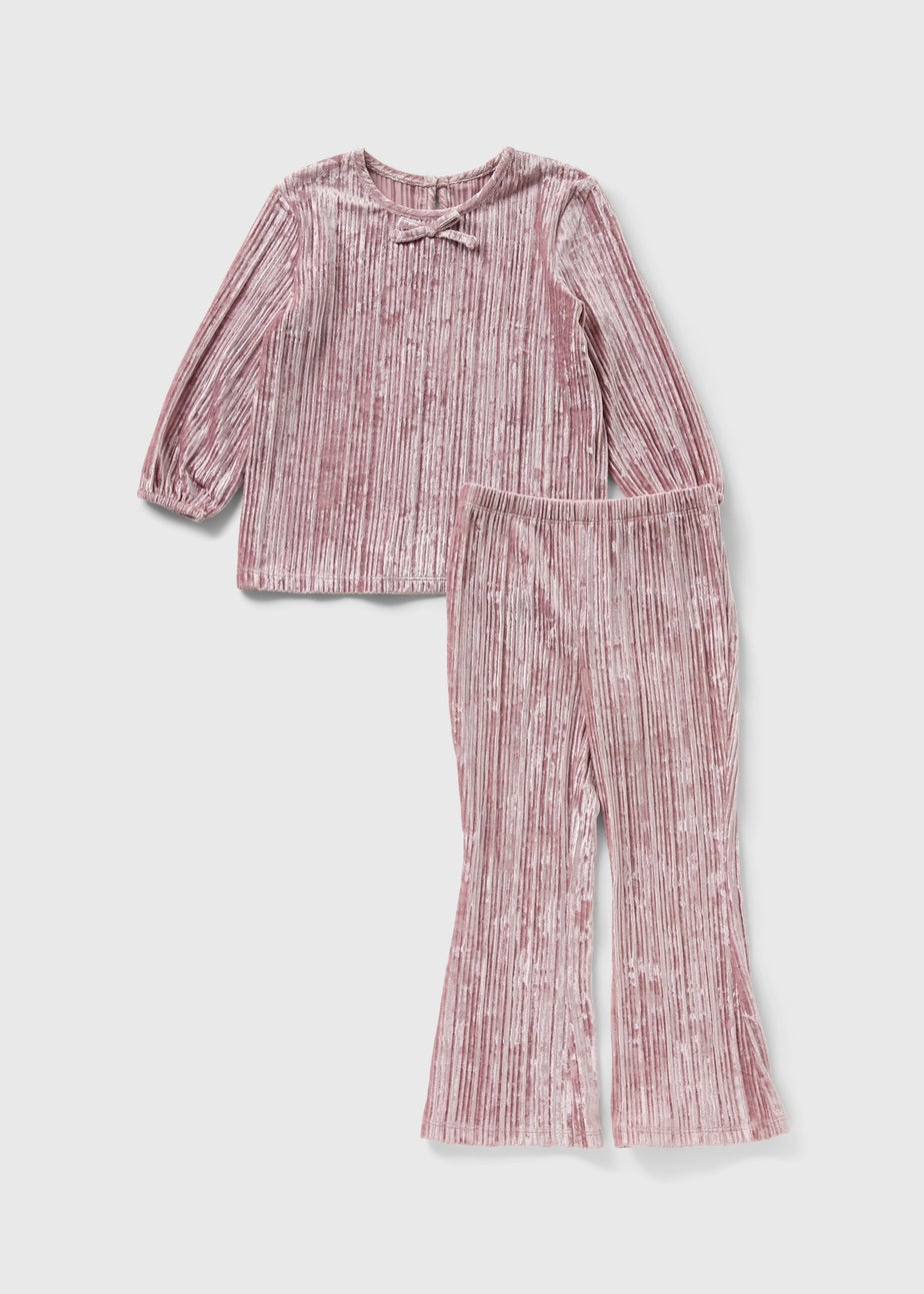 Girls Pink Plisse Velvet Top & Trouser Set (1-7yrs)