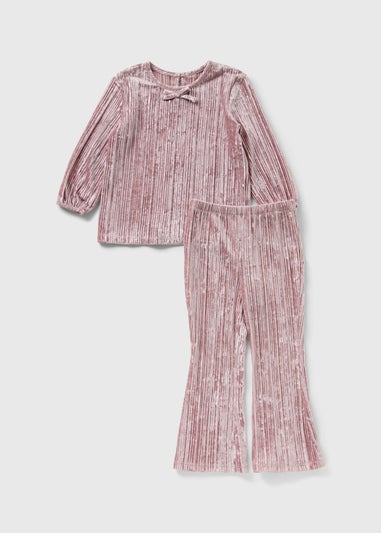 Girls Pink Plisse Velvet Top & Trouser Set (1-7yrs)