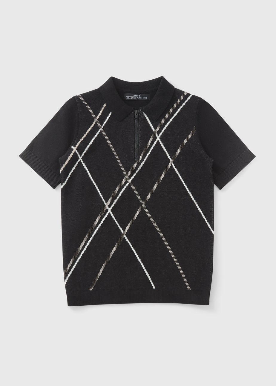 Boys Black Zip Knitted Polo Shirt (7-15yrs)