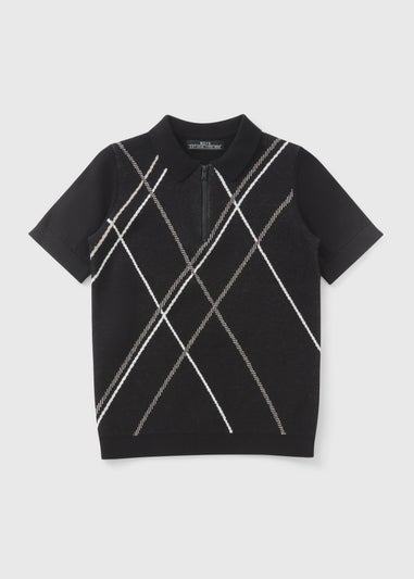 Boys Black Zip Knitted Polo Shirt (7-15yrs)