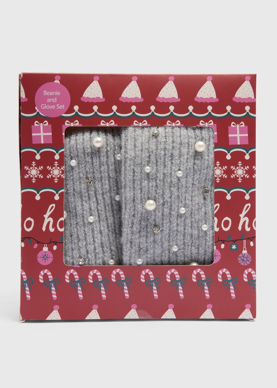 Grey Pearl Hat & Glove Gift Set