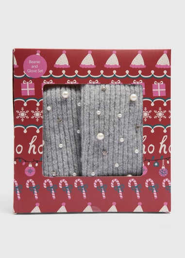 Grey Pearl Hat & Glove Gift Set