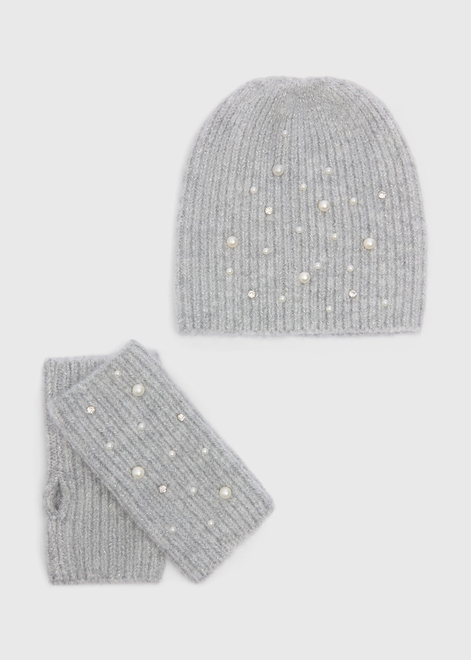 Grey Pearl Hat & Glove Gift Set