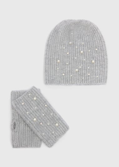 Grey Pearl Hat & Glove Gift Set