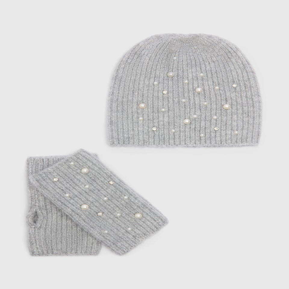 Grey Pearl Hat & Glove Gift Set