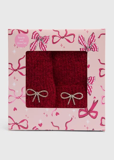 Red Bow Hat & Gloves Set
