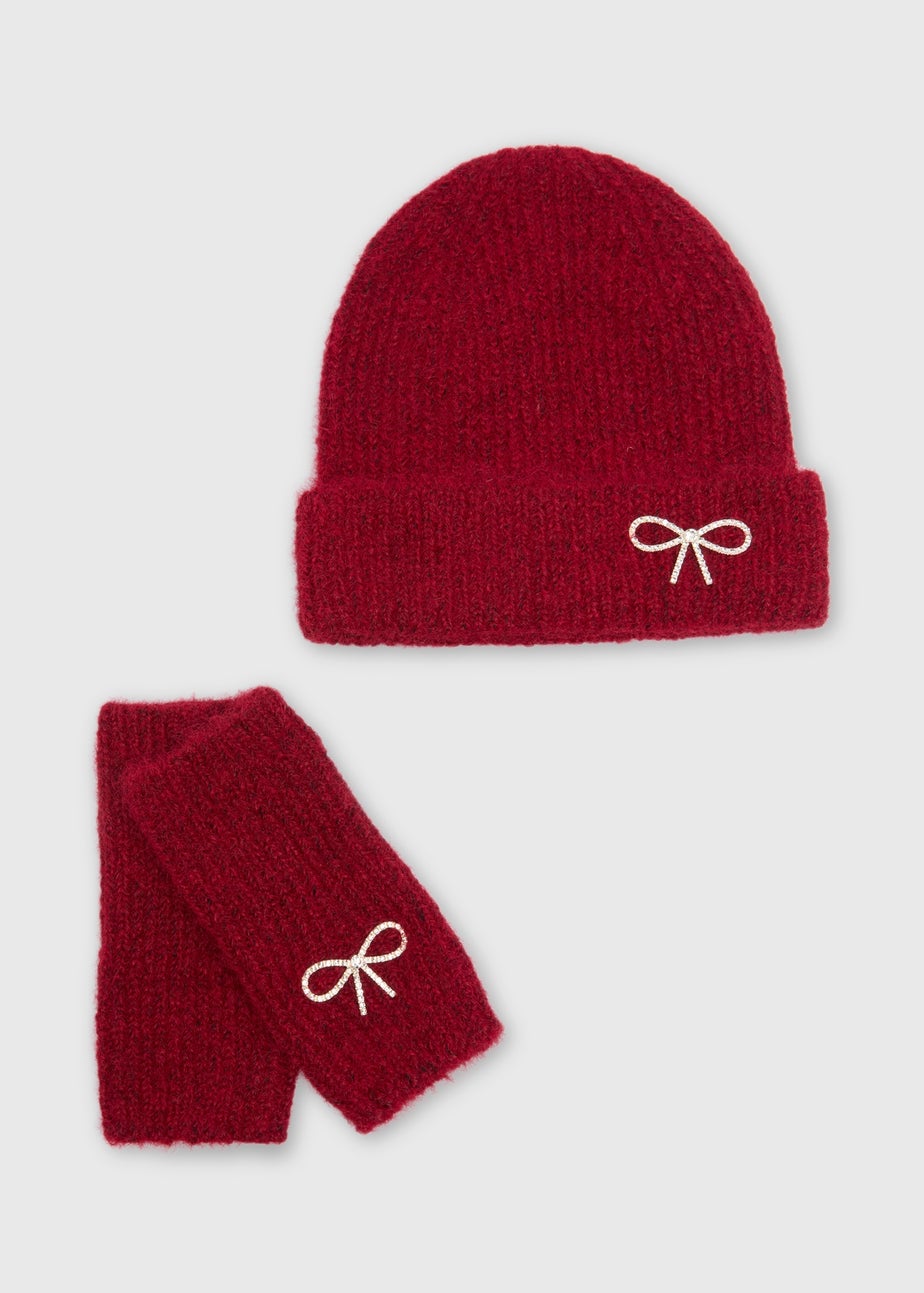 Red Bow Hat & Gloves Set