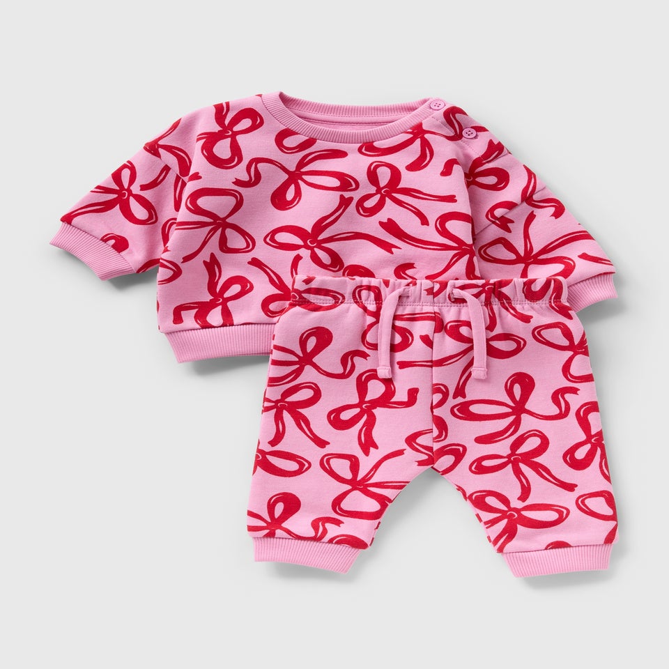 Baby Pink Bow Sweatshirt & Jogging Bottom Set (Newborn-23mths)
