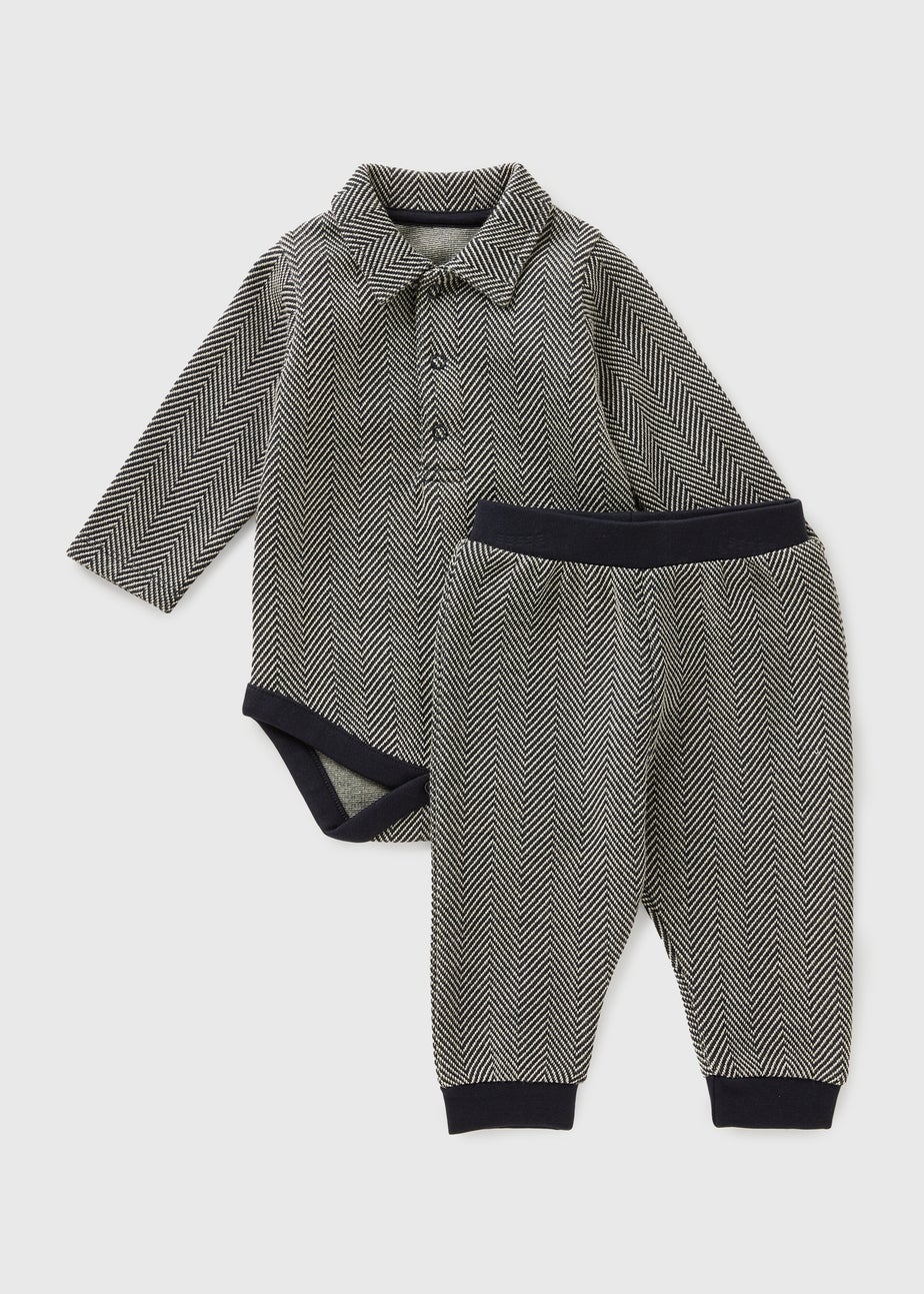 Baby Grey Herringbone Polo & Jogging Bottom Set (Nebworn-23mths)