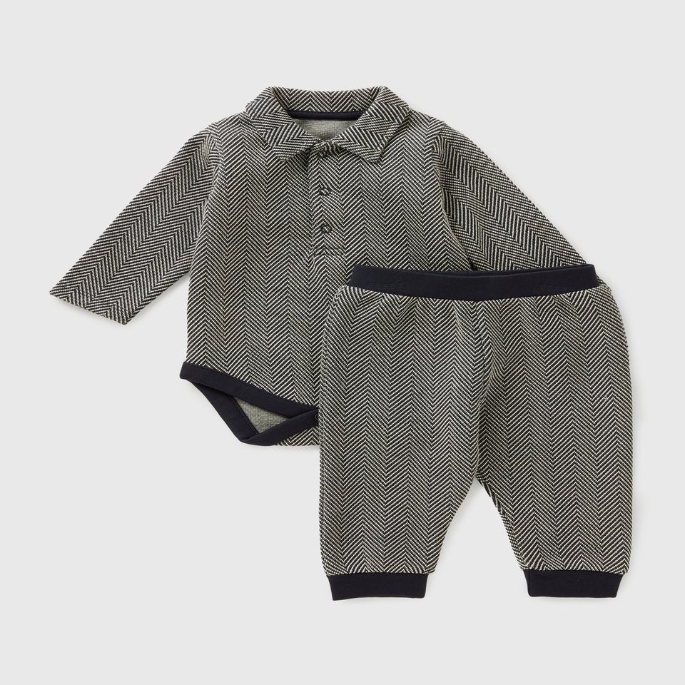 Baby Grey Herringbone Polo & Jogging Bottom Set (Nebworn-23mths)