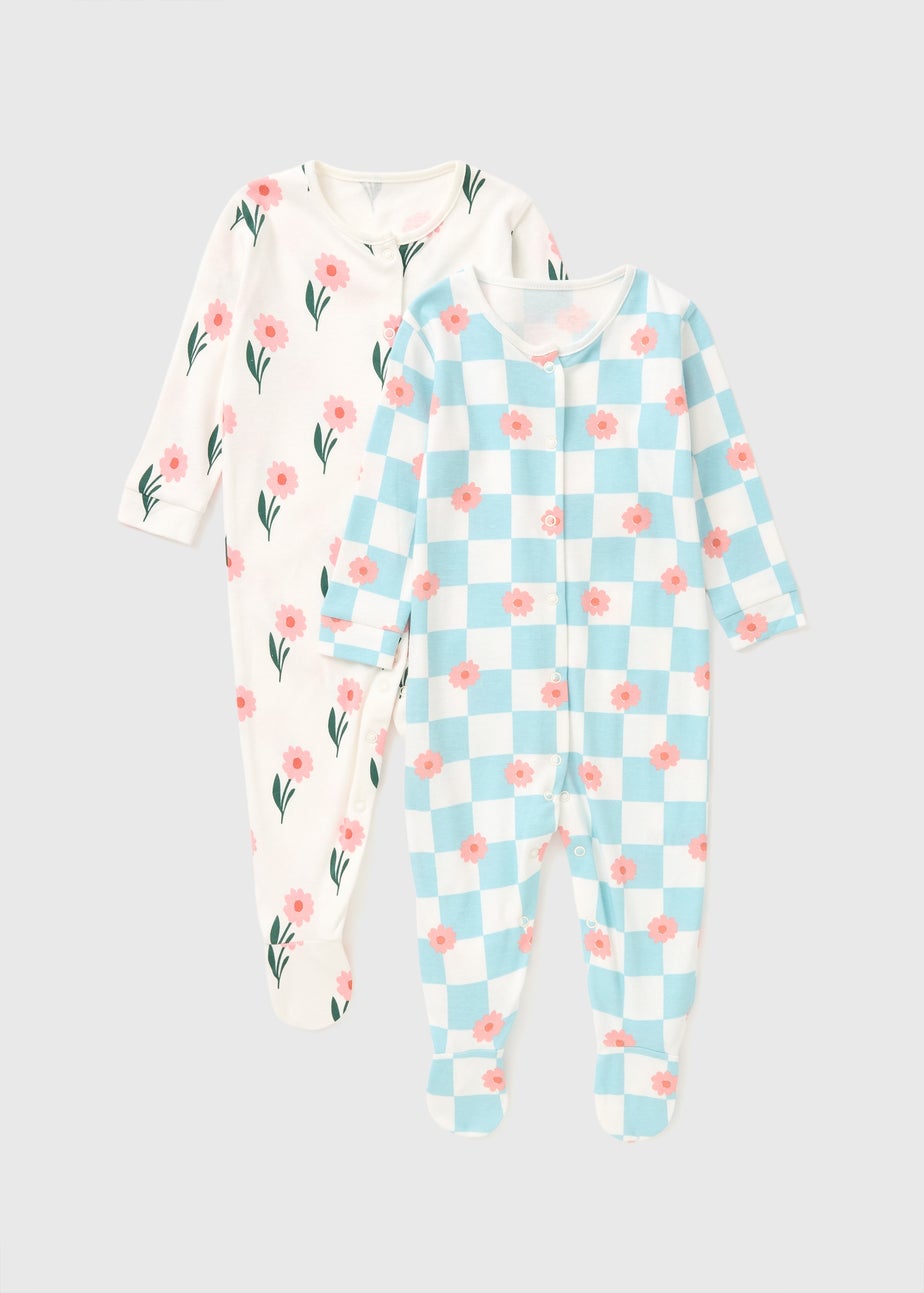 2 Pack Baby Blue Check Flower Sleepsuits (Newborn-36mths)