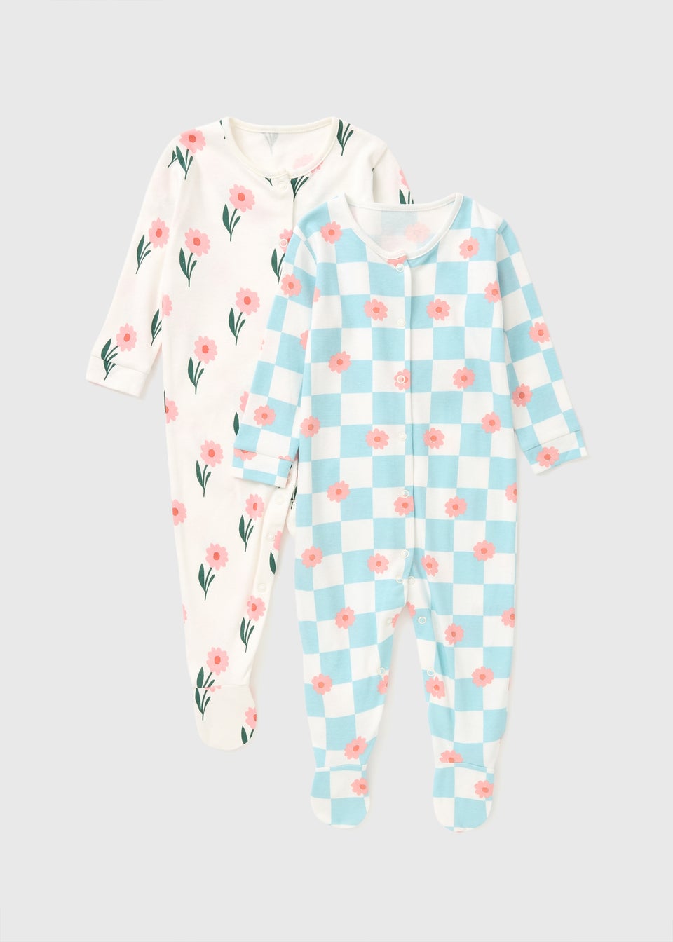 2 Pack Baby Blue Check Flower Sleepsuits (Newborn-36mths)
