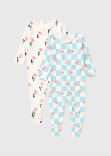 2 Pack Baby Blue Check Flower Sleepsuits (Newborn-36mths)