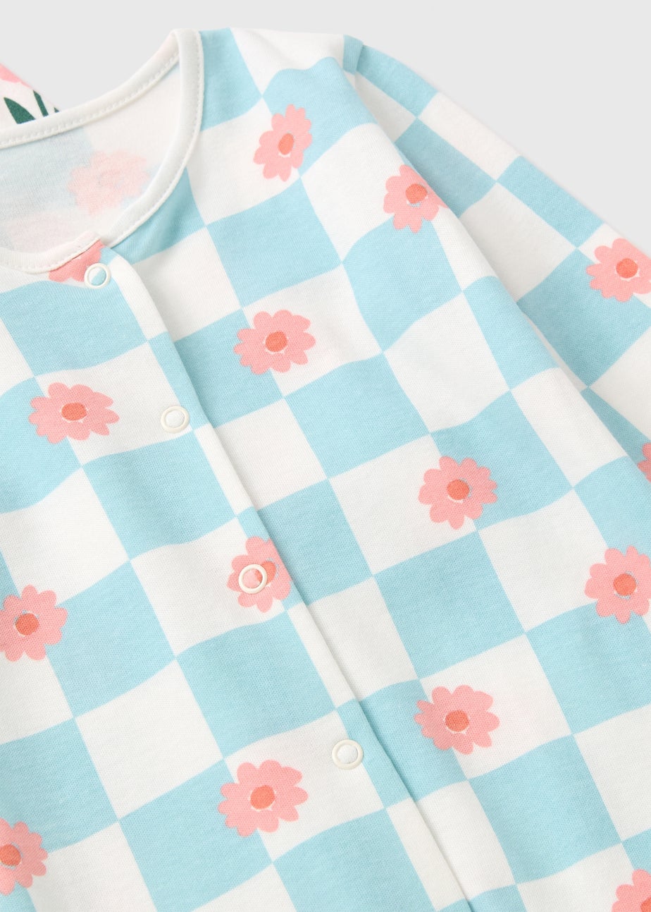 2 Pack Baby Blue Check Flower Sleepsuits (Newborn-36mths)