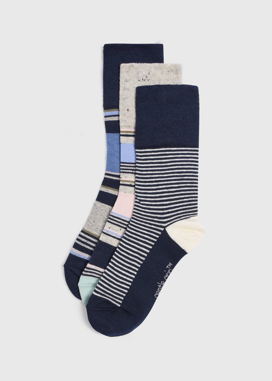 Gentle Grip 3 Pack Navy Stripe Design Socks