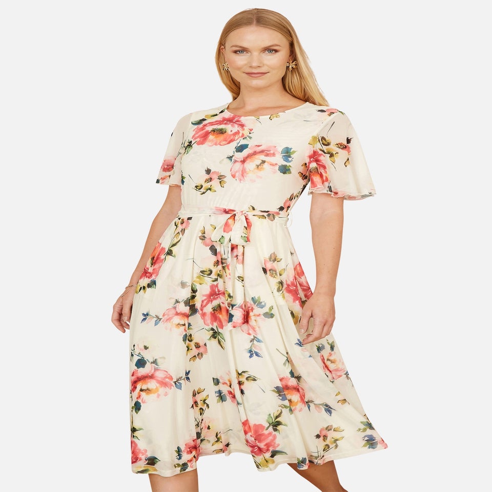 Yumi Ivory Mesh Floral Print Midi Dress With Angel Sleeves