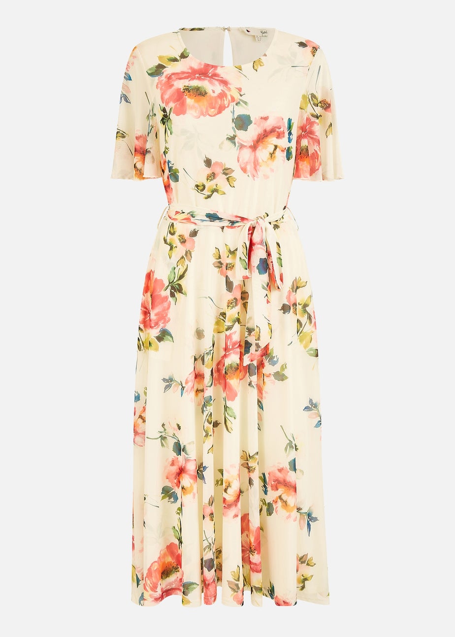 Yumi Ivory Mesh Floral Print Midi Dress With Angel Sleeves