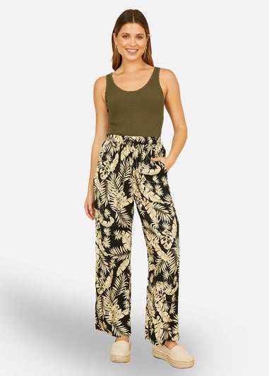 Yumi Black Fern Print Relaxed Fit Trousers