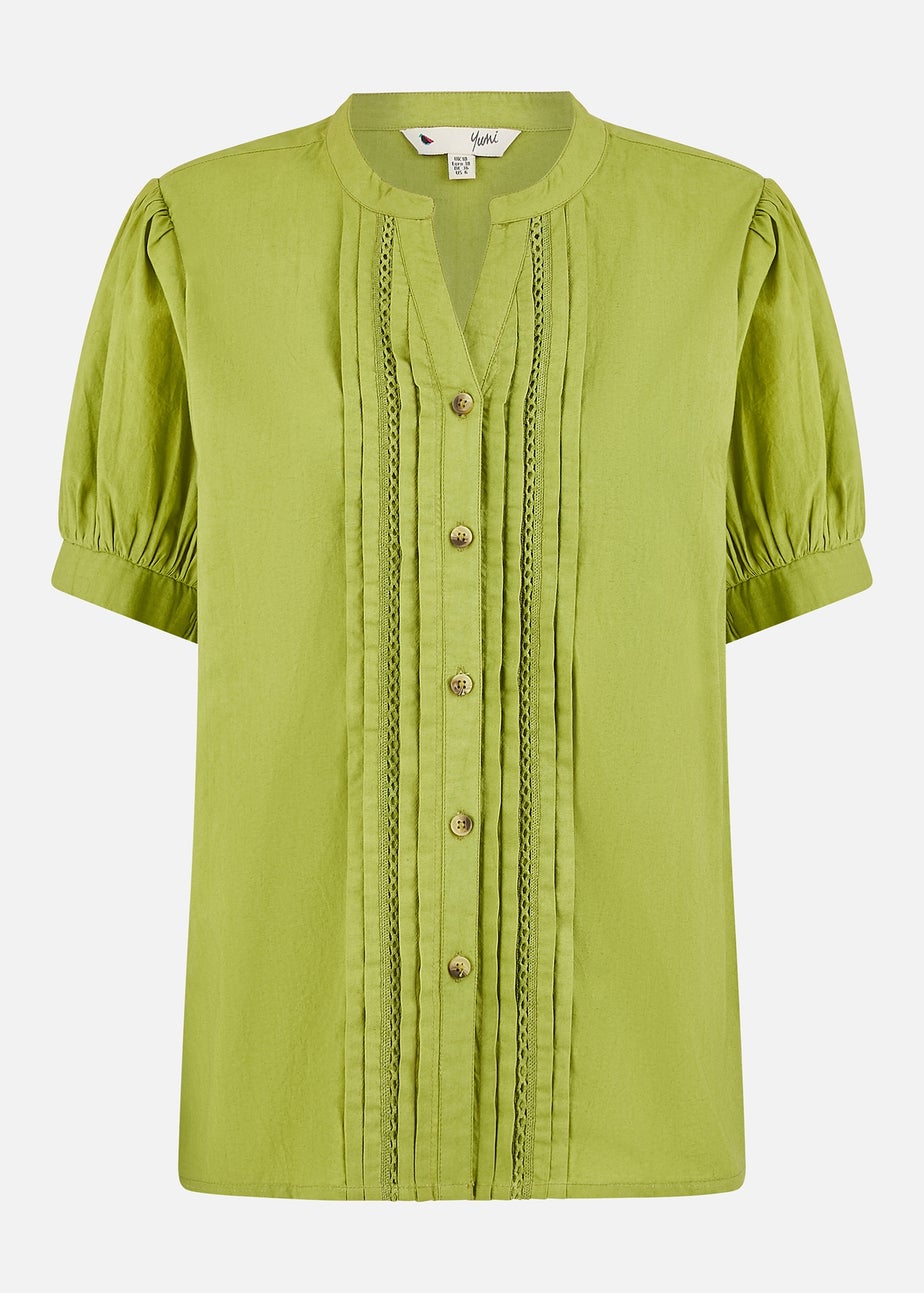 Yumi Green Cotton Pleated Short Sleeve Shirt