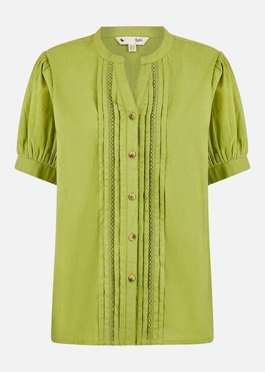Yumi Green Cotton Pleated Short Sleeve Shirt