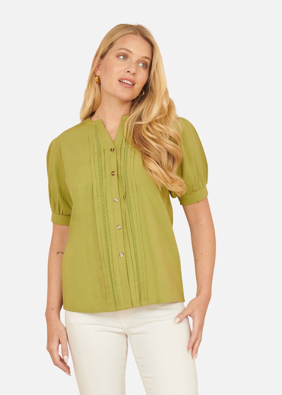 Yumi Green Cotton Pleated Short Sleeve Shirt