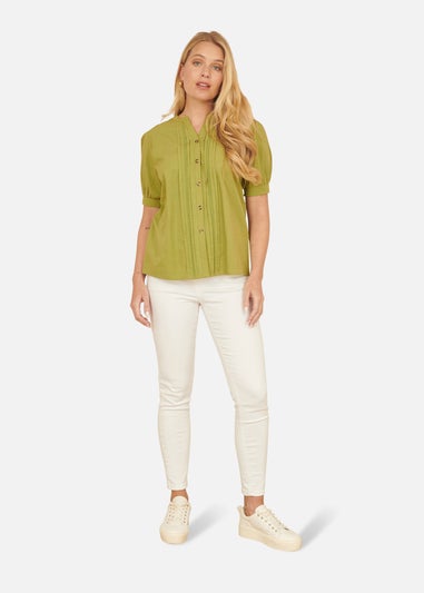 Yumi Green Cotton Pleated Short Sleeve Shirt