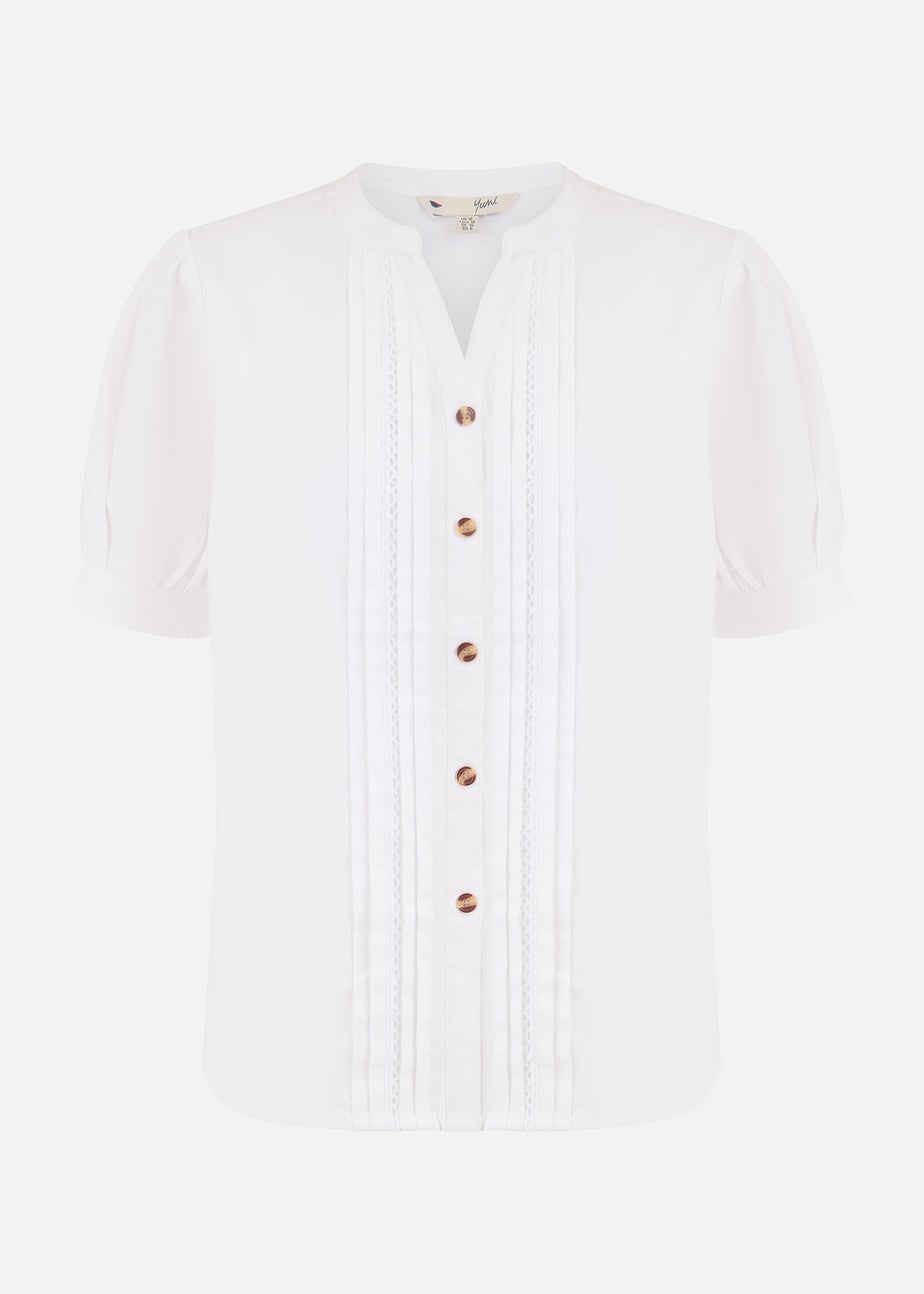 Yumi White Cotton Pleated Short Sleeve Shirt