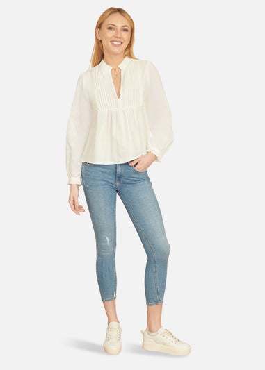 Yumi White Pleated Cotton Bib Shirt