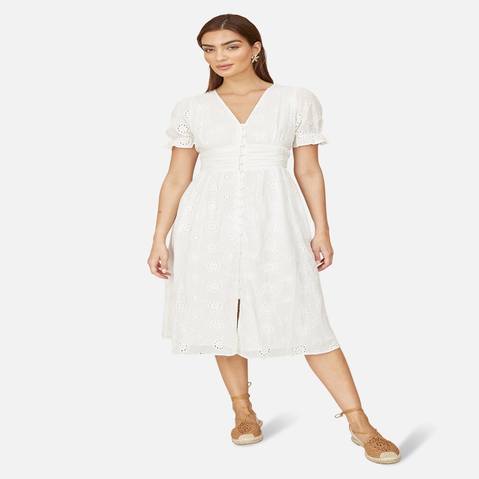 Yumi White Cotton Broderie Anglaise Midi Button Up Dress