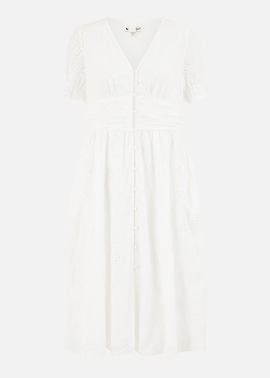 Yumi White Cotton Broderie Anglaise Midi Button Up Dress
