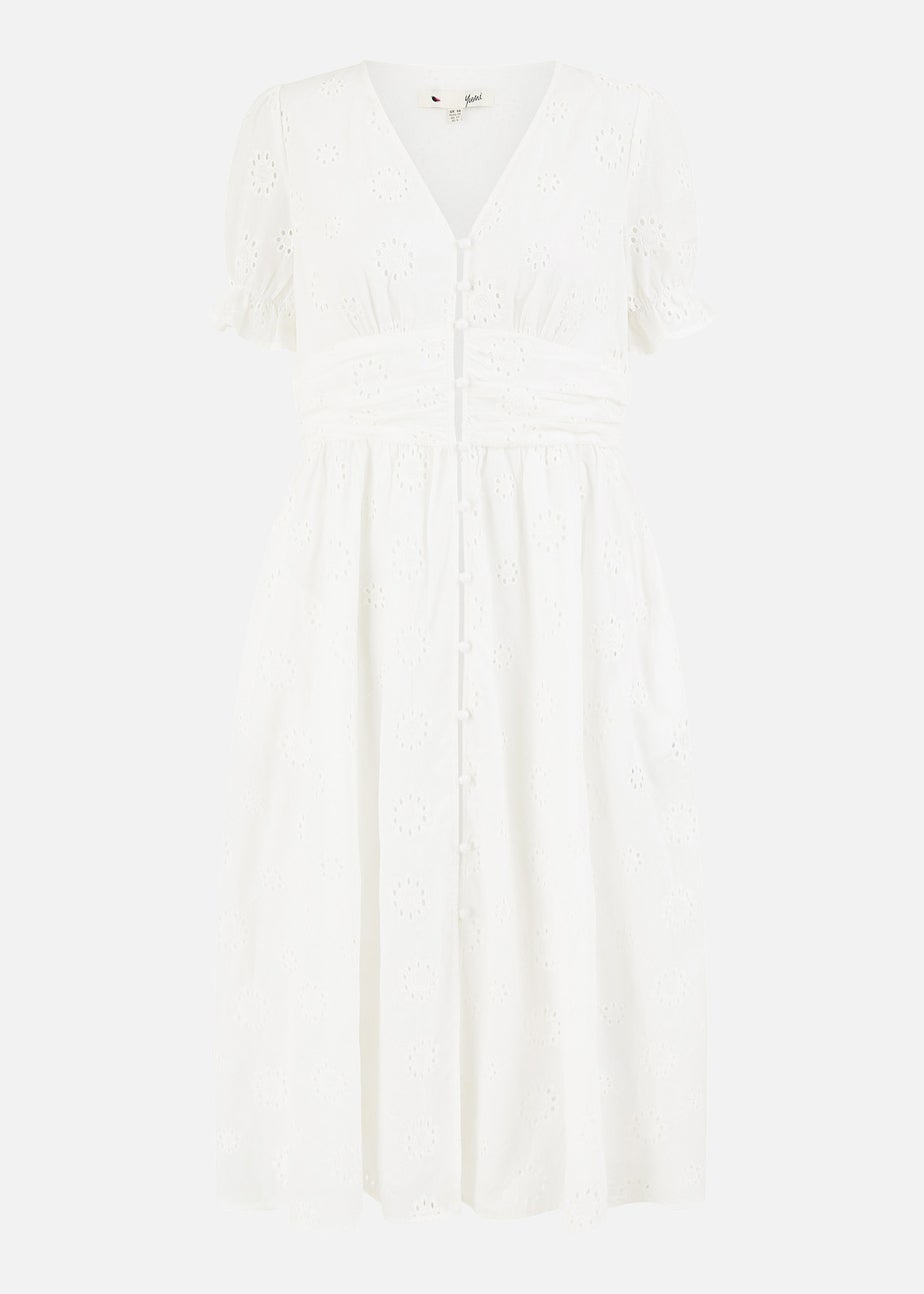 Yumi White Cotton Broderie Anglaise Midi Button Up Dress