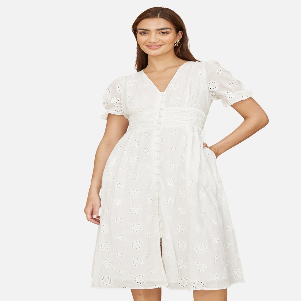 Yumi White Cotton Broderie Anglaise Midi Button Up Dress