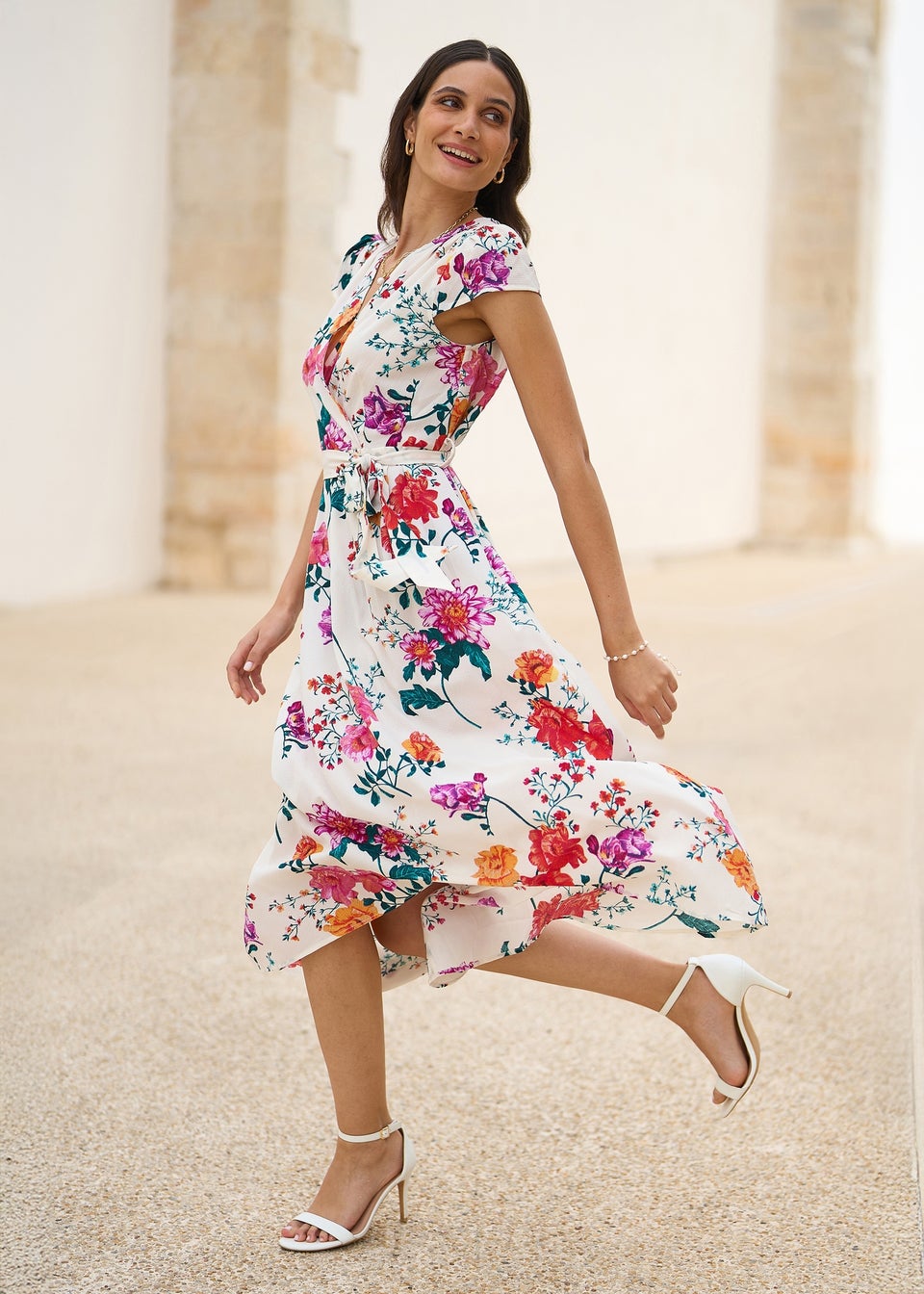 Yumi Ivory Flower Print Wrap Midi Dress