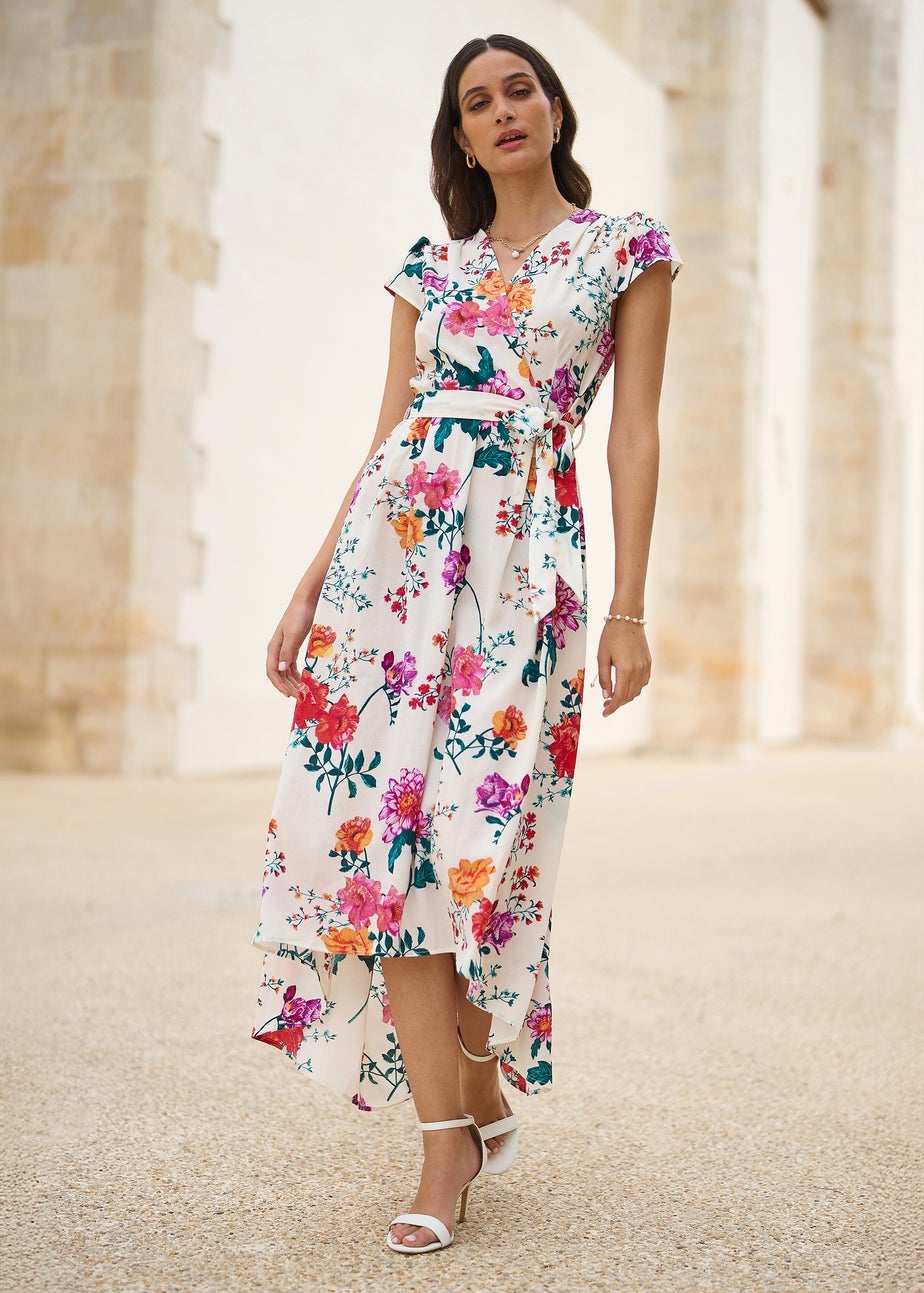 Yumi Ivory Flower Print Wrap Midi Dress