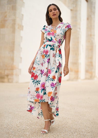 Yumi Ivory Flower Print Wrap Midi Dress