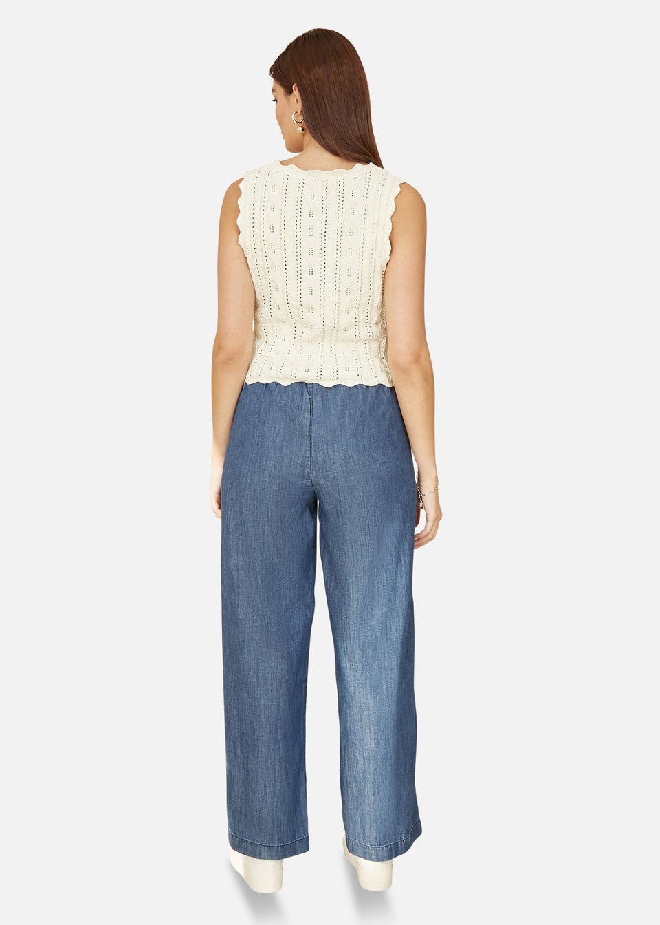 Yumi Ivory V Neck Button Down Crochet Knitted Top