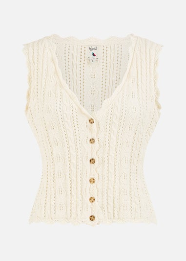 Yumi Ivory V Neck Button Down Crochet Knitted Top