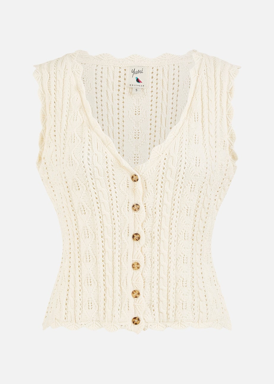 Yumi Ivory V Neck Button Down Crochet Knitted Top