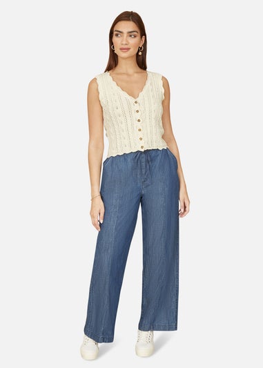 Yumi Ivory V Neck Button Down Crochet Knitted Top