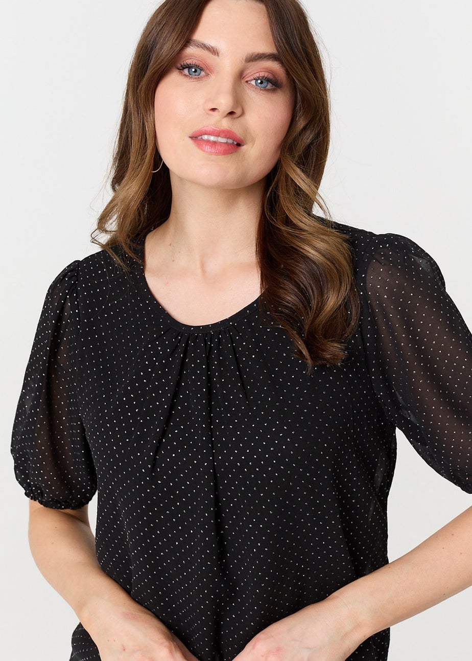 Izabel London Black Polka Dot Print Semi Sheer Blouse