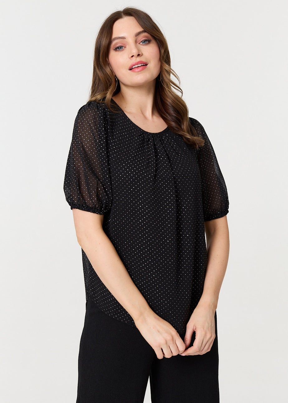 Izabel London Black Polka Dot Print Semi Sheer Blouse