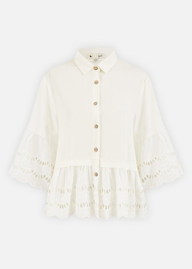 Yumi White Linen Relaxed Shirt With Scallop Trims