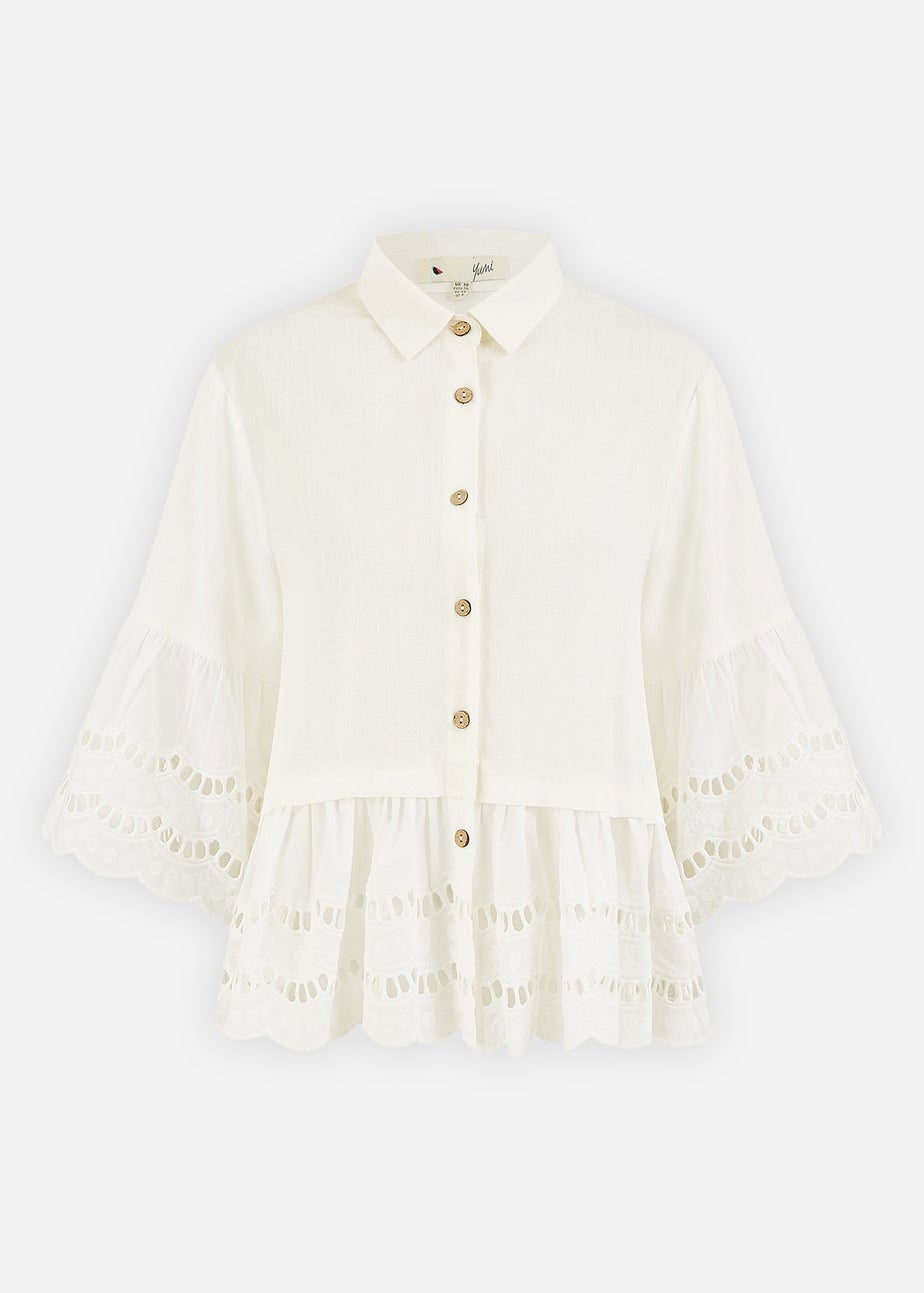 Yumi White Linen Relaxed Shirt With Scallop Trims
