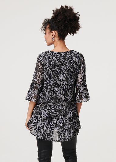 Izabel London Black Animal Print Sheer Pleated Blouse